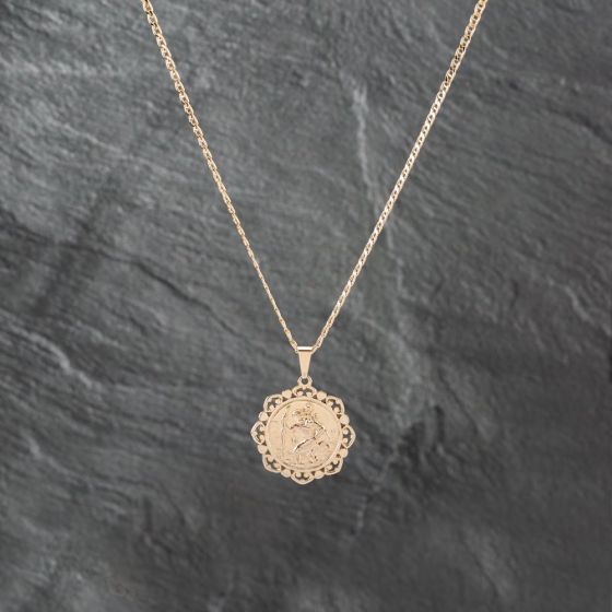 Second Hand 9ct Yellow Gold Ornate Edged St Christopher Pendant & 18 Inch Anchor Chain 41142928