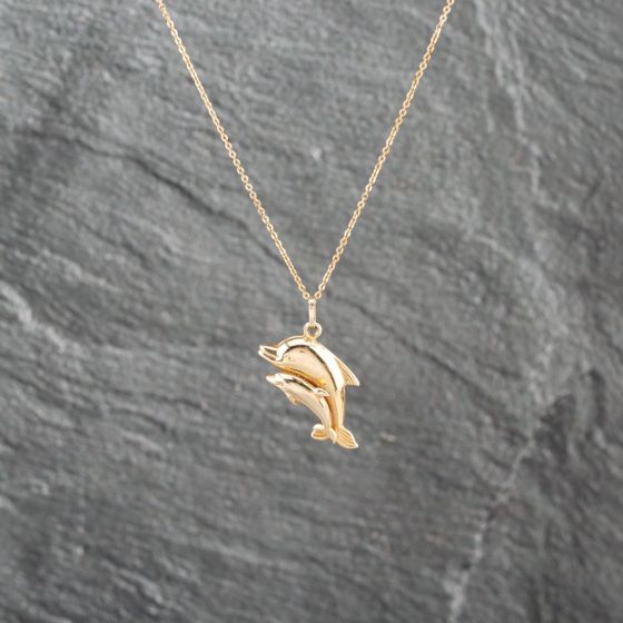 Second Hand 9ct Yellow Gold Mother And Baby Dolphin Pendant & 18 Inch Trace Chain 41142929