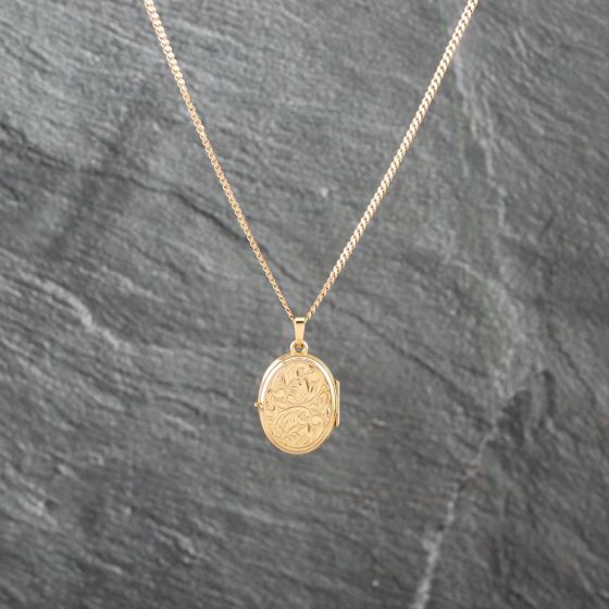 Second Hand 9ct Yellow Gold Oval Foliate Engraved Locket Pendant & 20 Inch Curb Chain 41142930