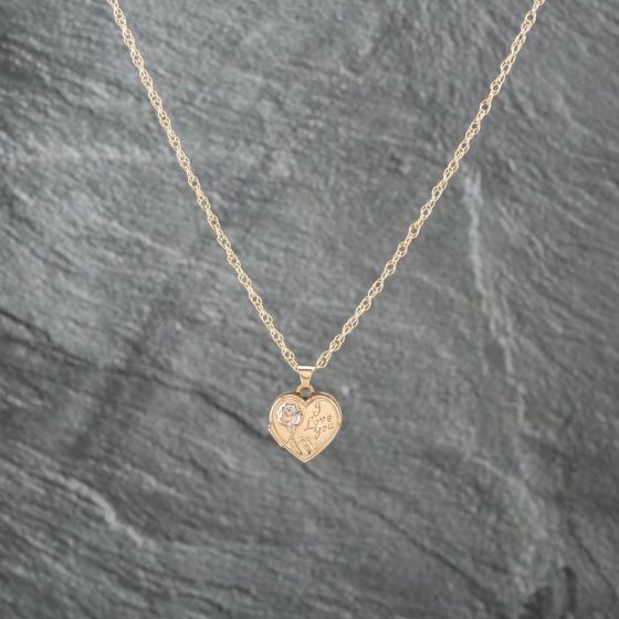 Second Hand 9ct Yellow Gold I Love You Heart Locket Pendant & 16 Inch Prince Of Wales Chain 41142931