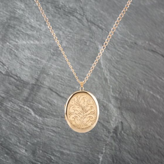 Second Hand 9ct Yellow Gold Large Oval Foliate Hand Engraved Locket Pendant & 20 Inch Curb Chain 41142932