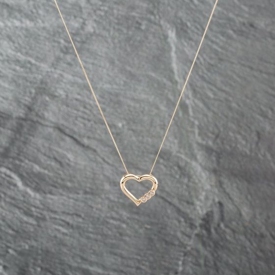 Second Hand 9ct Yellow Gold Diamond Open Heart Pendant & 18 Inch Curb Chain 41142934