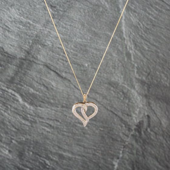 Second Hand 9ct Yellow Gold Diamond Open Heart Pendant & 18 Inch Curb Chain 41142945