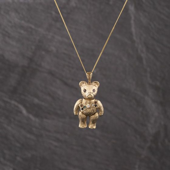 Second Hand 9ct Yellow Gold Multi Stone Articulating Teddy Pendant & 18 Inch Curb Chain 41142949