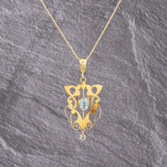 Second Hand Vintage Yellow Gold Aquamarine Decorative Openwork Dropper Pendant & 20 Inch Prince Of Wales Chain 41142951