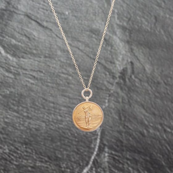 Second Hand 9ct Yellow Gold Circular Golf Scene Pendant & 20 Inch Trace Chain 41142956