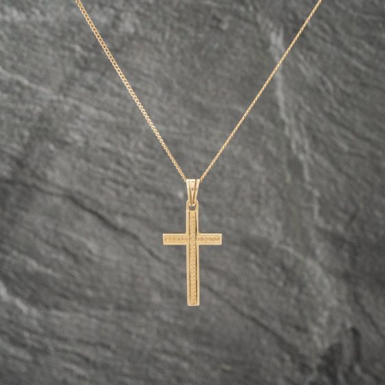 Second Hand 9ct Yellow Gold Engraved Cross Pendant & 20 Inch Curb Chain 41142957