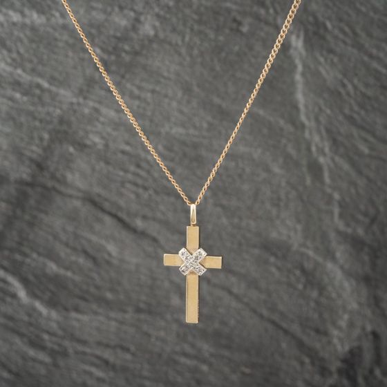 Second Hand 9ct Two Colour Gold Diamond Plain Cross Pendant & 17 Inch Curb Chain 41142959