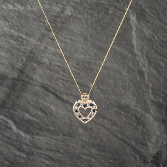 Second Hand 9ct Yellow Gold Sapphire & 0.08ct Diamond Heart Pendant & 18 Inch Curb Chain 41142968