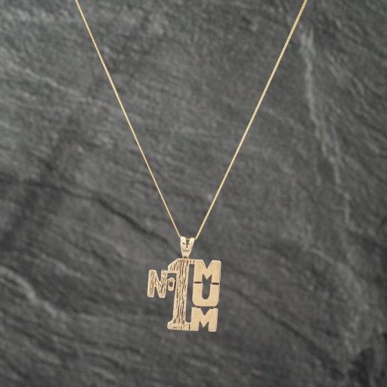 Second Hand 9ct Yellow Gold No 1 Mum Pendant & 18 Inch Curb Chain 41142969