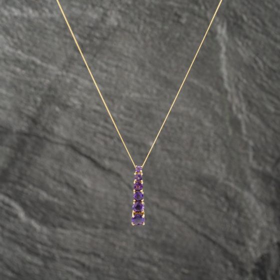 Second Hand 9ct Yellow Gold Amethyst Graduating Bar Link Gemstone Pendant & 18 Inch Curb Chain 41142970