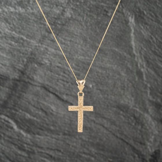 Second Hand 9ct Yellow Gold Engraved Cross Pendant & 18 Inch Curb Chain 41142983