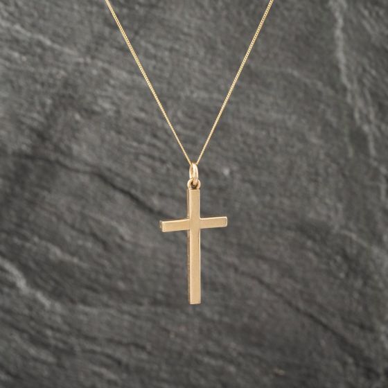 Second Hand 9ct Yellow Gold Plain Cross Pendant & 18 Inch Curb Chain 41142984