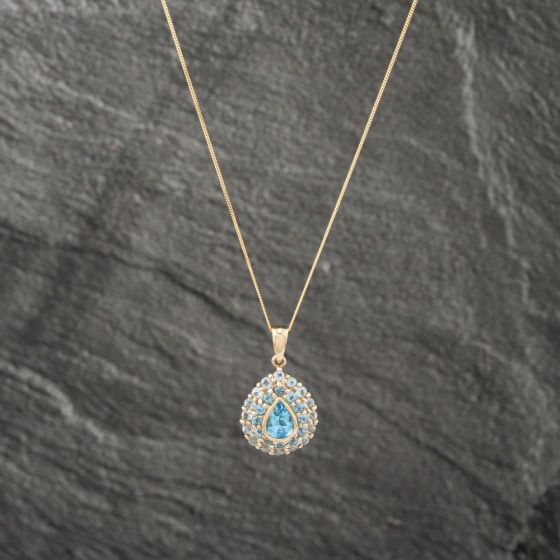 Second Hand 9ct Yellow Gold Blue Topaz Pearshaped Pendant & 18 Inch Curb Chain 41142991