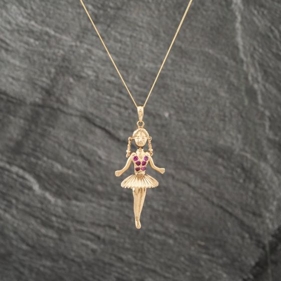 Second Hand 9ct Yellow Gold Pink Synthetic Stone Ballerina Pendant & 18 Inch Curb Chain 41142992