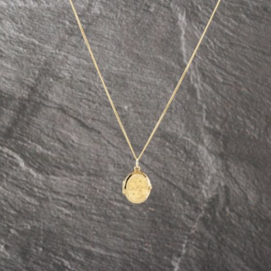 Second Hand 9ct Yellow Gold Oval Engraved Locket Pendant & 18 Inch Curb Chain 41142995