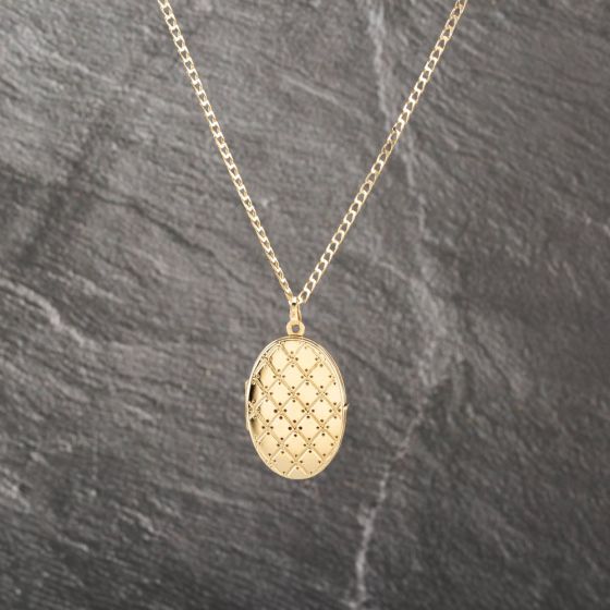Second Hand 9ct Yellow Gold Oval Patterned Locket Pendant & 24 Inch Curb Chain 41142998