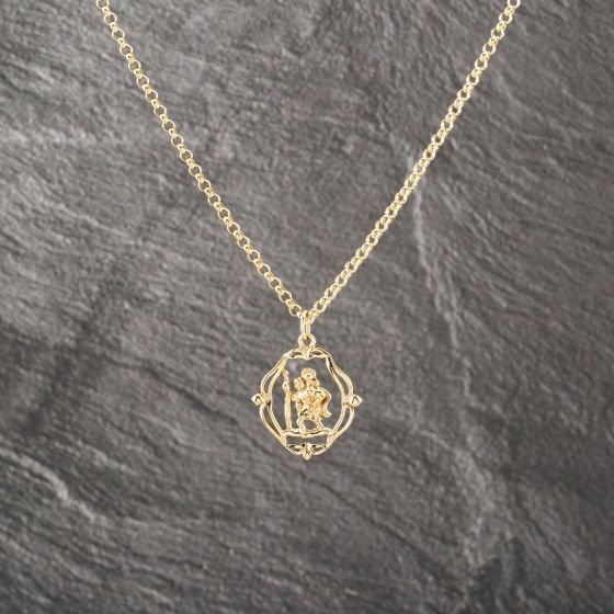 Second Hand 9ct Yellow Gold Openwork St Christopher Pendant & 20 Inch Belcher Chain 41143003