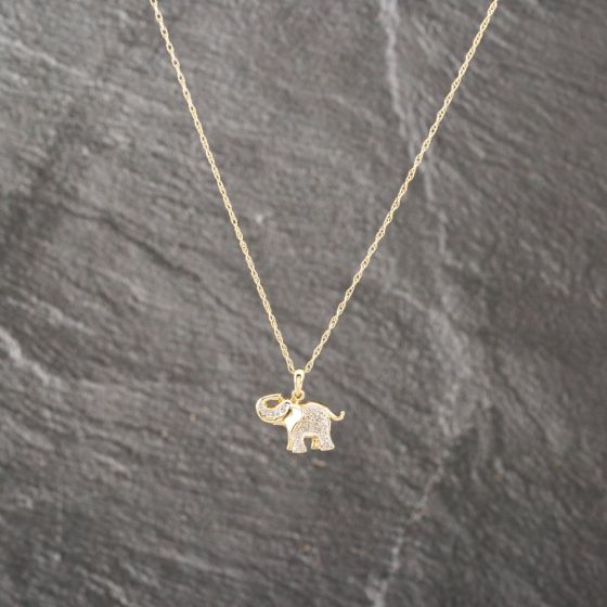 Second Hand 9ct Two Colour Gold 0.03ct Diamond Set Elephant Pendant & 18 Inch Prince Of Wales Chain 41143004