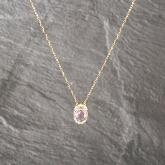 Second Hand 9ct Yellow Gold Amethyst & 0.01ct Diamond Set Pendant & 16 Inch Trace Chain 41143009