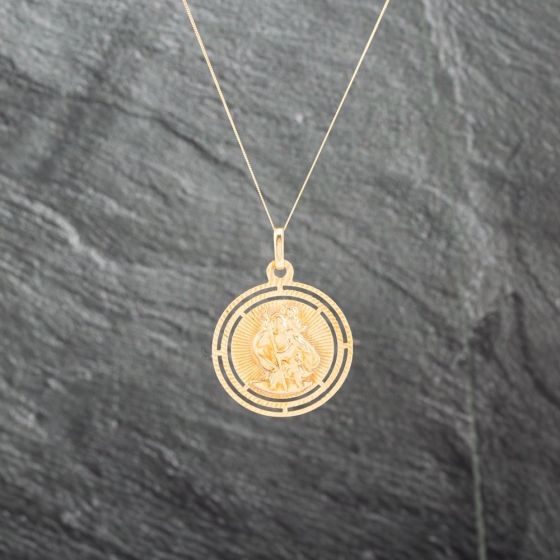 Second Hand 9ct Yellow Gold Large Round St Christopher Pendant & 18 Inch Curb Chain 41143019