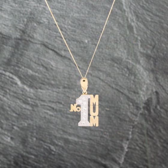 Second Hand 9ct Two Colour Gold Cubic Zirconia No 1 Mum Pendant & 18 Inch Curb Chain 41143021