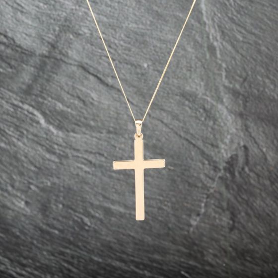 Second Hand 9ct Yellow Gold Large Plain Cross Pendant & 18 Inch Curb Chain 41143022