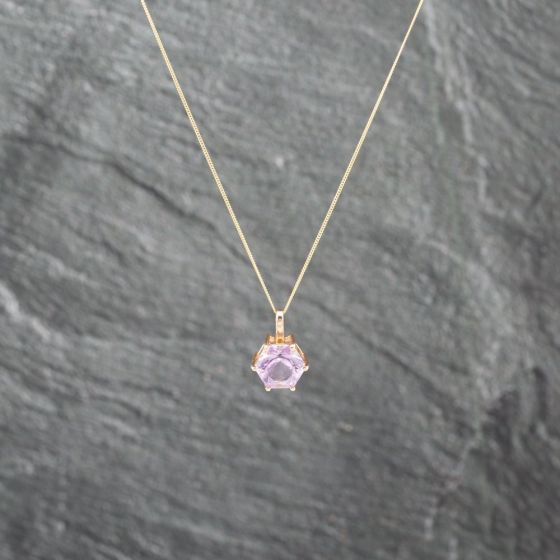 Second Hand 9ct Yellow Gold Amethyst Hexagonal Pendant & 18 Inch Curb Chain 41143026