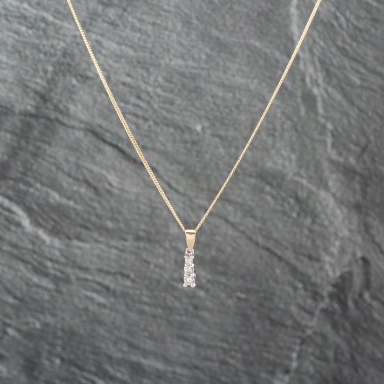 Second Hand 9ct Yellow Gold 0.25ct Brilliant Cut Diamond Trilogy Pendant & 18 Inch Curb Chain 41143030