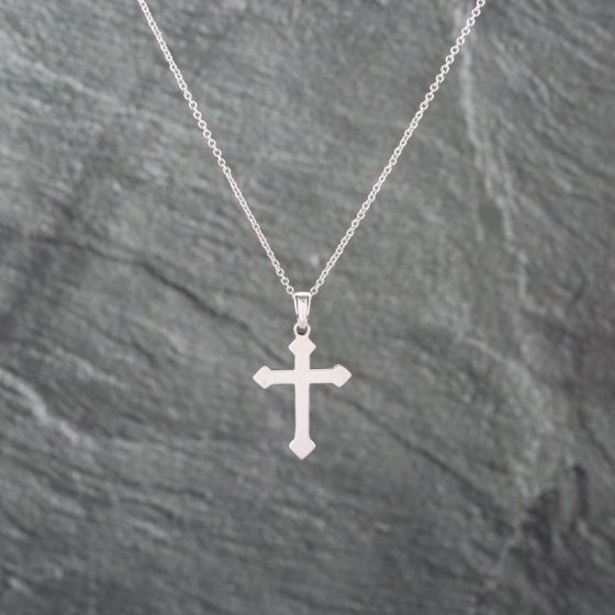 Second Hand 9ct White Gold Plain Cross Pendant & 16 Inch Trace Chain 41143040