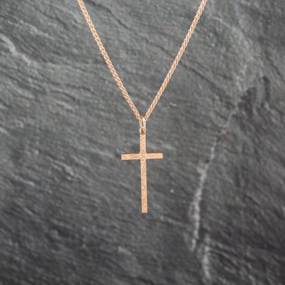 Second Hand 9ct Rose Gold Engraved Cross Pendant & 18 Inch Curb Chain 41143050