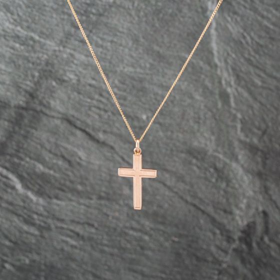 Second Hand 9ct Rose Gold Cross Pendant & 18 Inch Curb Chain 41143061