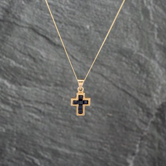 Second Hand 9ct Yellow Gold Sapphire Small Cross Pendant & 18 Inch Curb Chain 41143064
