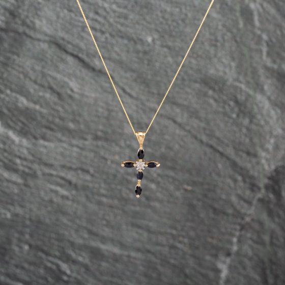 Second Hand 9ct Yellow Gold Sapphire & Diamond Cross Pendant & 18 Inch Curb Chain 41143065