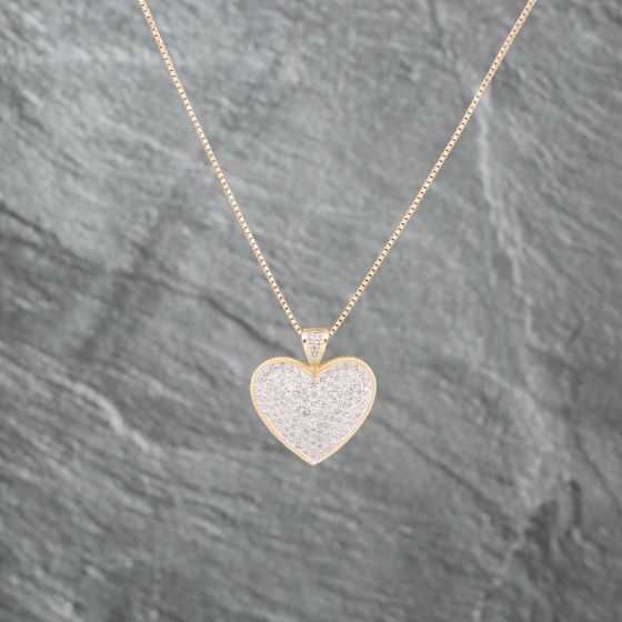 Second Hand 9ct Yellow Gold Brilliant Cut Diamond Pave Heart Pendant & 16 Inch Box Chain 41143072
