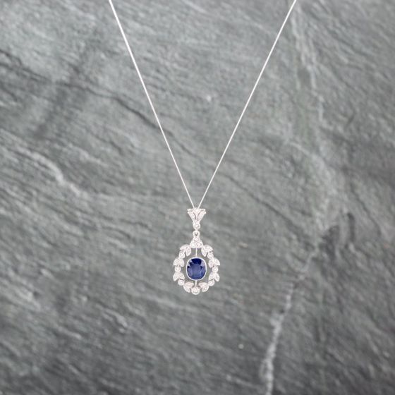 Second Hand 18ct White Gold Sapphire & Brilliant Cut Diamond Ornate Gemstone Pendant & 18 Inch Curb Chain 41143079