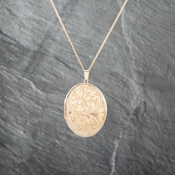 Second Hand 9ct Yellow Gold Large Oval Hand Engraved Locket Pendant & 16 Inch Curb Chain 41143080