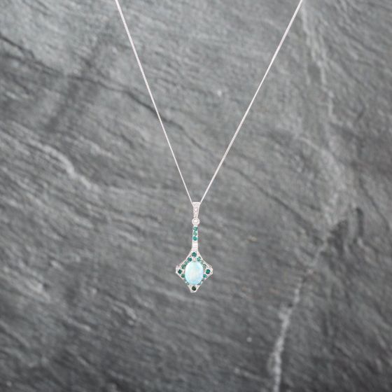 Second Hand 14ct White Gold Opal & 0.10ct Brilliant Cut Emerald Diamond Gemstone Pendant & 17 Inch Curb Chain 41143081