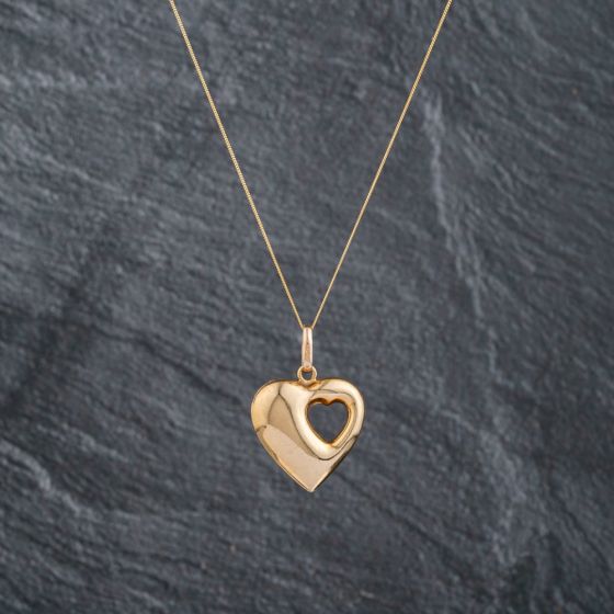 Second Hand 9ct Yellow Gold Double Heart Pendant & 18 Inch Curb Chain 41143085