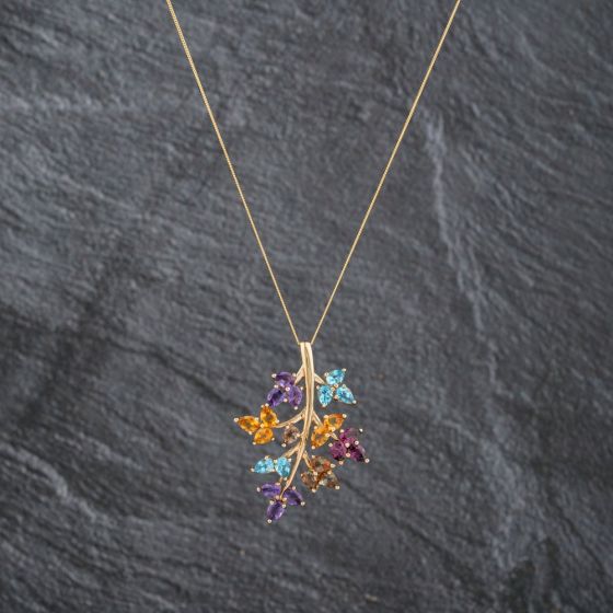 Second Hand 9ct Yellow Gold Glass Leaf Pendant & 18 Inch Curb Chain 41143087