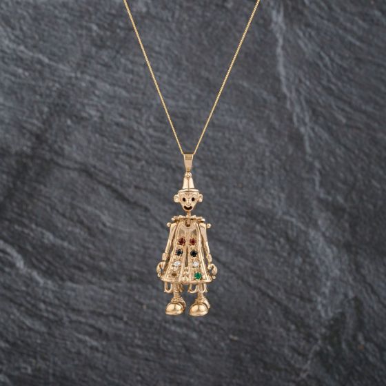 Second Hand 9ct Yellow Gold Multi Stone Clown Pendant & 18 Inch Curb Chain 41143089