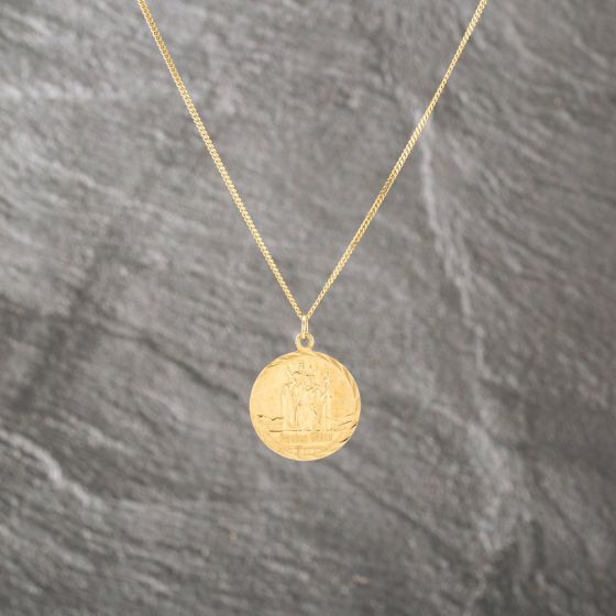 Second Hand 9ct Yellow Gold Round St Christopher Pendant & 18 Inch Curb Chain 41143095