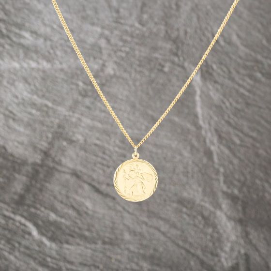 Second Hand 9ct Yellow Gold Round St Christopher Pendant & 18 Inch Curb Chain 41143096