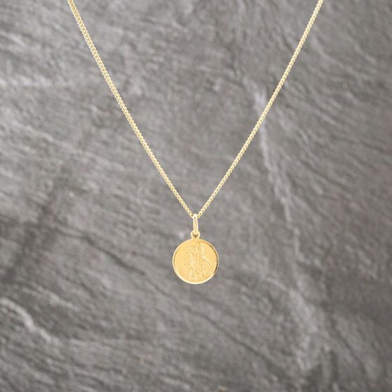 Second Hand 9ct Yellow Gold Round St Christopher Pendant & 18 Inch Curb Chain 41143097