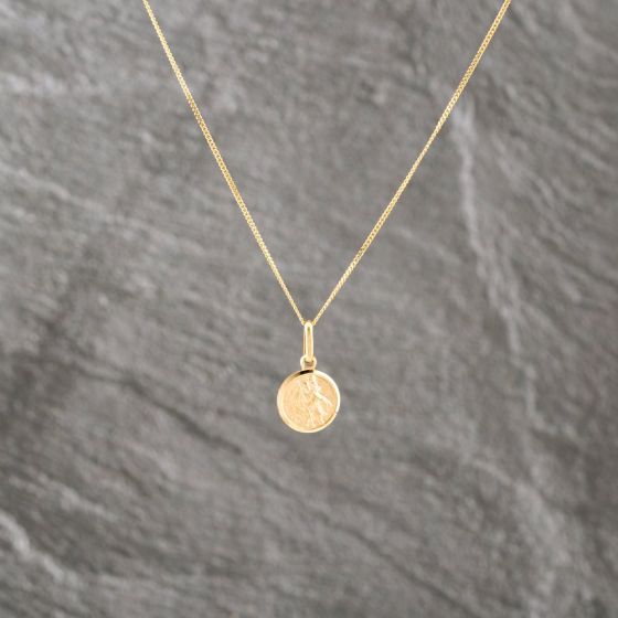 Second Hand 9ct Yellow Gold Round St Christopher Pendant & 16 Inch Curb Chain 41143098