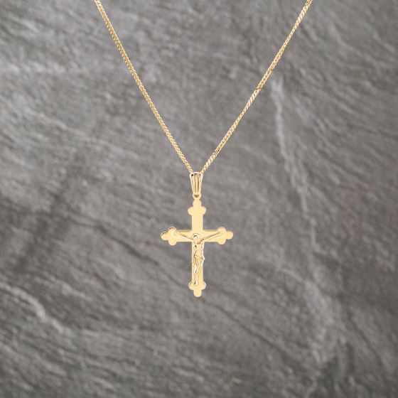 Second Hand 9ct Yellow Gold Crucifix Cross Pendant & 18 Inch Curb Chain 41143100