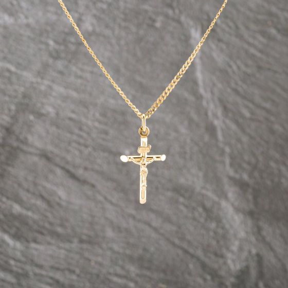 Second Hand 9ct Yellow Gold Crucifix Cross Pendant & 18 Inch Curb Chain 41143101