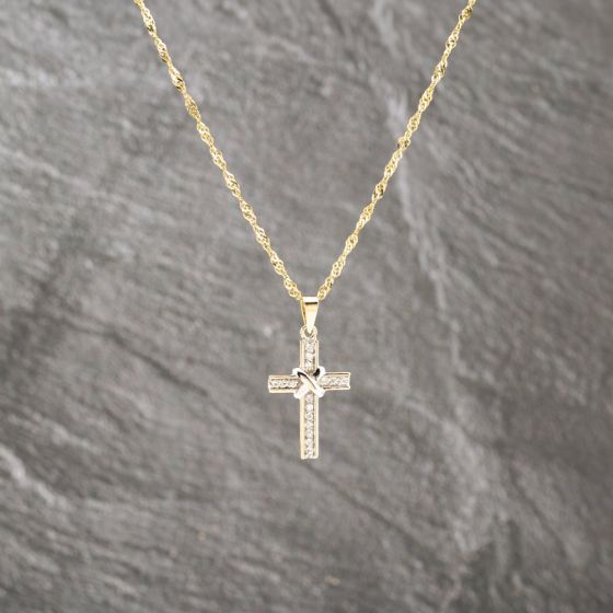 Second Hand 9ct Two Colour Gold Cubic Zirconia Cross Pendant & 18 Inch Curb Chain 41143106