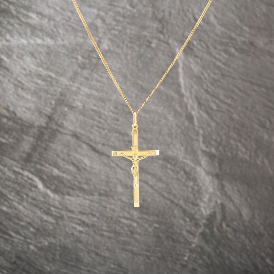 Second Hand 9ct Yellow Gold Crucifix Cross Pendant & 18 Inch Curb Chain 41143107