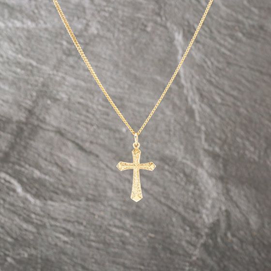 Second Hand 9ct Yellow Gold Engraved Cross Pendant & 20 Inch Curb Chain 41143109